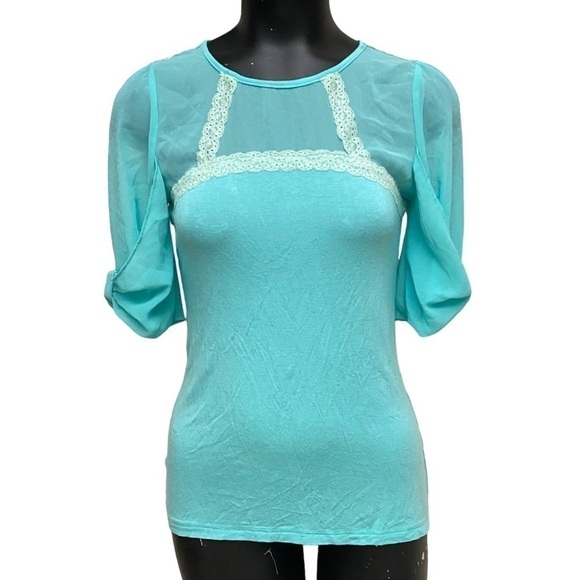 Society Girl Turquoise Chiffon Lace Top Size Medium - Picture 1 of 4
